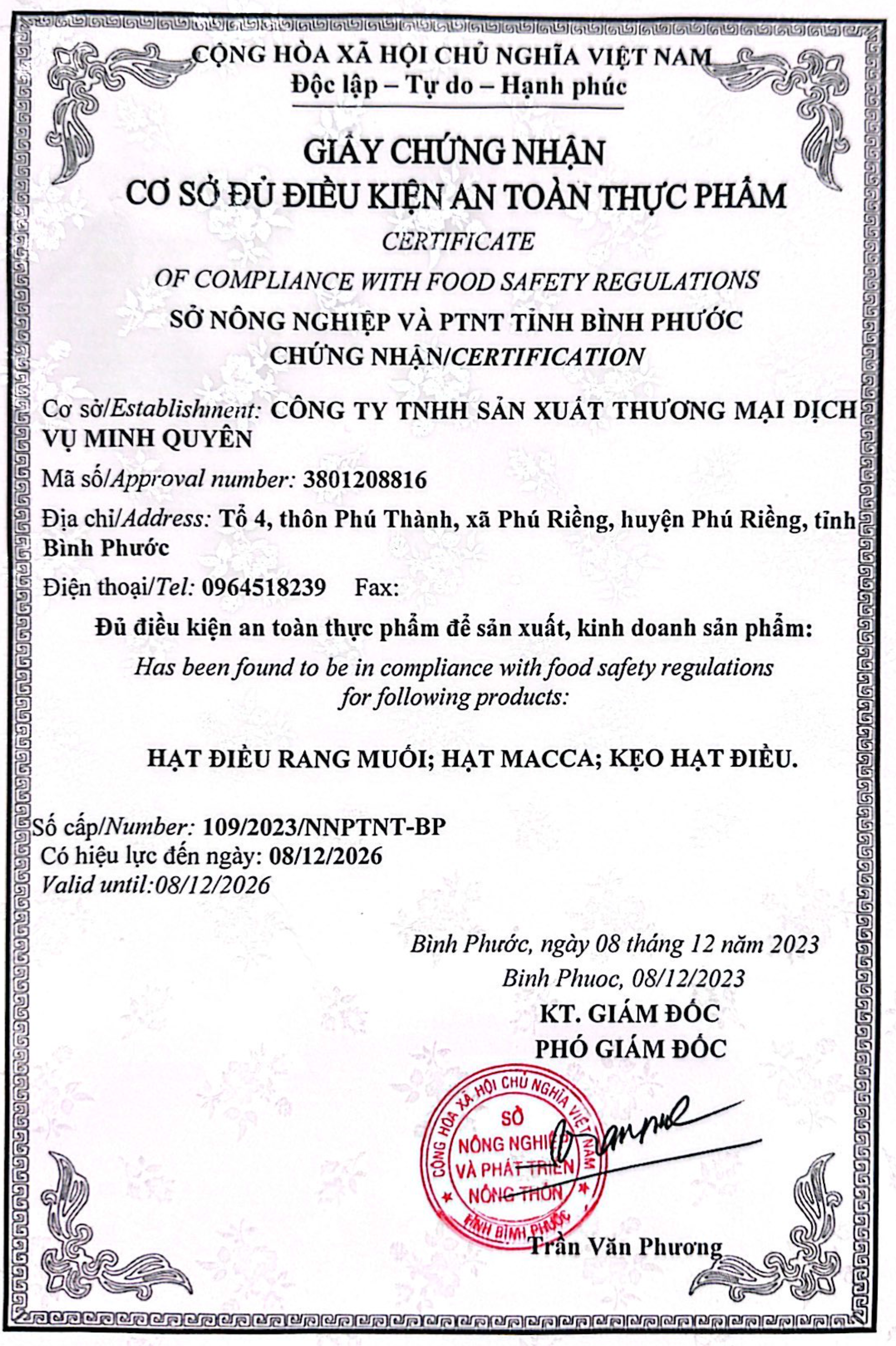 Chứng nhận hạt điều minh quyên